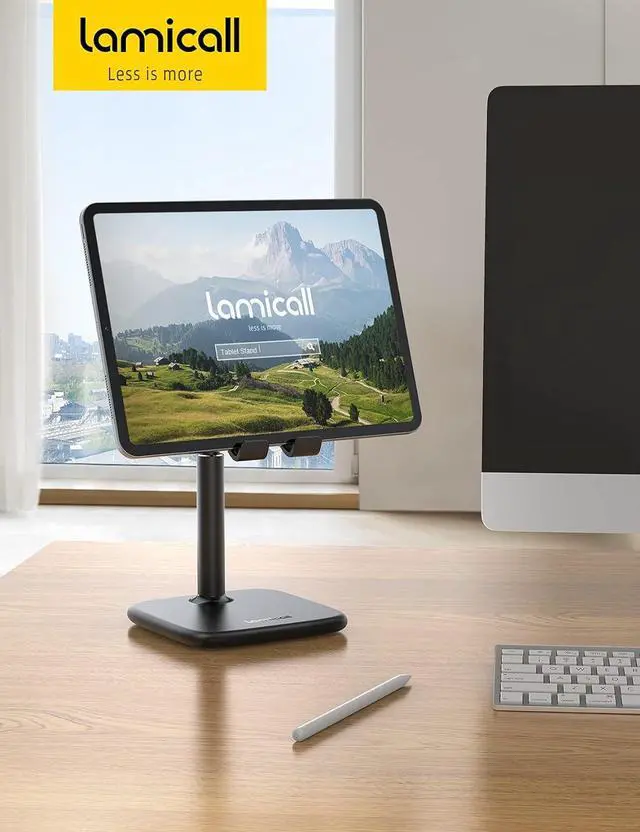 Alt view image 7 of 7 - Lamicall Tablet Stand, Height Adjustable - Tablet Holder Cradle for Desk, Heavy Base Desktop Tablet Dock Mount, Stand for iPad Pro, Mini, Air, Tabs, Kindle, iPhone 13 and 4-12.9" Phone & Tablet, Black