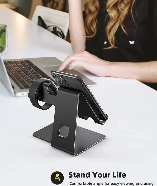 Alt view image 2 of 7 - Stand for Apple Watch Phone Holder 2 in 1 : Lamicall Desktop Stand Charging Station Dock Compatible with Apple Watch SE Series 6/5/4/3/2/1, Phone 12 Pro 11 Mini XS Max X XR 8 7 6s Black & White Bundle