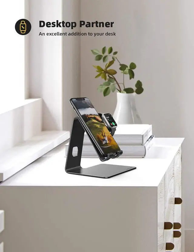 Alt view image 3 of 7 - Stand for Apple Watch Phone Holder 2 in 1 : Lamicall Desktop Stand Charging Station Dock Compatible with Apple Watch SE Series 6/5/4/3/2/1, Phone 12 Pro 11 Mini XS Max X XR 8 7 6s Black & White Bundle