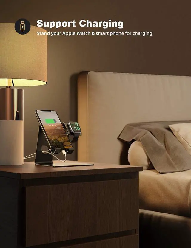Alt view image 4 of 7 - Stand for Apple Watch Phone Holder 2 in 1 : Lamicall Desktop Stand Charging Station Dock Compatible with Apple Watch SE Series 6/5/4/3/2/1, Phone 12 Pro 11 Mini XS Max X XR 8 7 6s Black & White Bundle