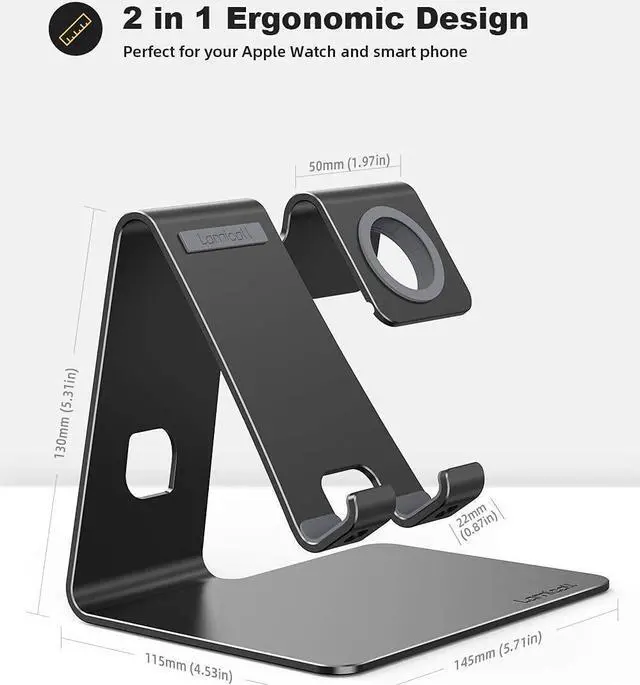 Alt view image 5 of 7 - Stand for Apple Watch Phone Holder 2 in 1 : Lamicall Desktop Stand Charging Station Dock Compatible with Apple Watch SE Series 6/5/4/3/2/1, Phone 12 Pro 11 Mini XS Max X XR 8 7 6s Black & White Bundle