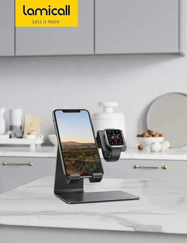 Alt view image 7 of 7 - Stand for Apple Watch Phone Holder 2 in 1 : Lamicall Desktop Stand Charging Station Dock Compatible with Apple Watch SE Series 6/5/4/3/2/1, Phone 12 Pro 11 Mini XS Max X XR 8 7 6s Black & White Bundle