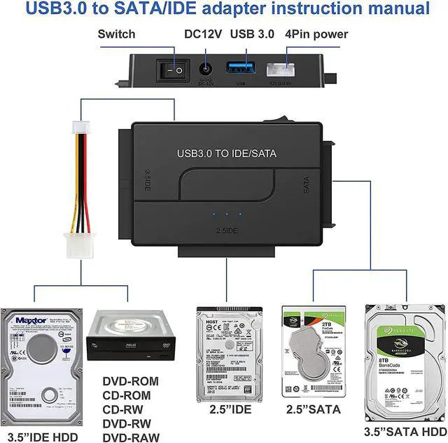 Alt view image 2 of 7 - SATA/IDE to USB 3.0 Adapter External Hard Drive Reader Recovery Converter Kit for Universal 2.5/3.5 SSD HDD DVD/CD-ROM w/12V Power Adapter Support 6TB