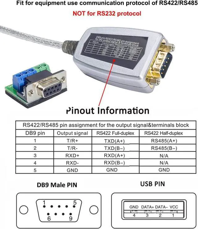 Alt view image 6 of 7 - DTECH USB to RS422 RS485 Serial Port Converter Adapter Cable with FTDI Chip Supports Windows 11 10 8 7 XP Mac -1.5 Feet