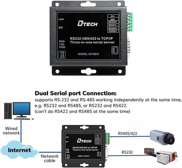 Alt view image 3 of 6 - DTECH Serial to Ethernet Converter Adapter RS232 RS422 RS485 to TCP IP Device Server Supports DHCP DNS Modbus RTU/TCP 10/100M Power Over Ethernet POE