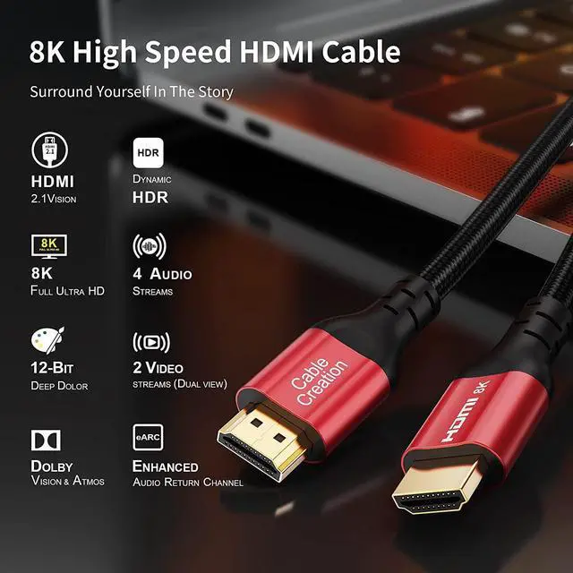 Alt view image 3 of 7 - CableCreation 8K 48Gbps Ultra High Speed HDMI Cable 10ft, 4K120 8K 60 144Hz eARC HDR HDCP 2.2 2.3 Compatible with PS5 PS4 Xbox Series X Macbook Pro 2021 Apple TV Roku TV 4K Sony LG Samsung TV RTX 3080