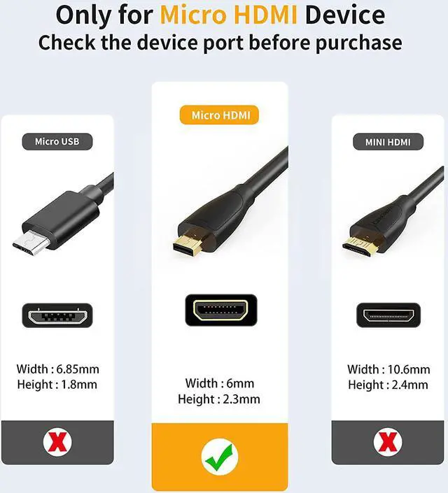 Alt view image 3 of 7 - CableCreation 4K Micro HDMI to HDMI Cable Adapter, 4K 60Hz Ethernet 3D Audio Return, Compatible with GoPro Hero 8/7/6/5, Raspberry Pi 4, A6000, A6300, Nikon Camera, Lenovo Yoga 3 Pro, Yoga 710, 6ft