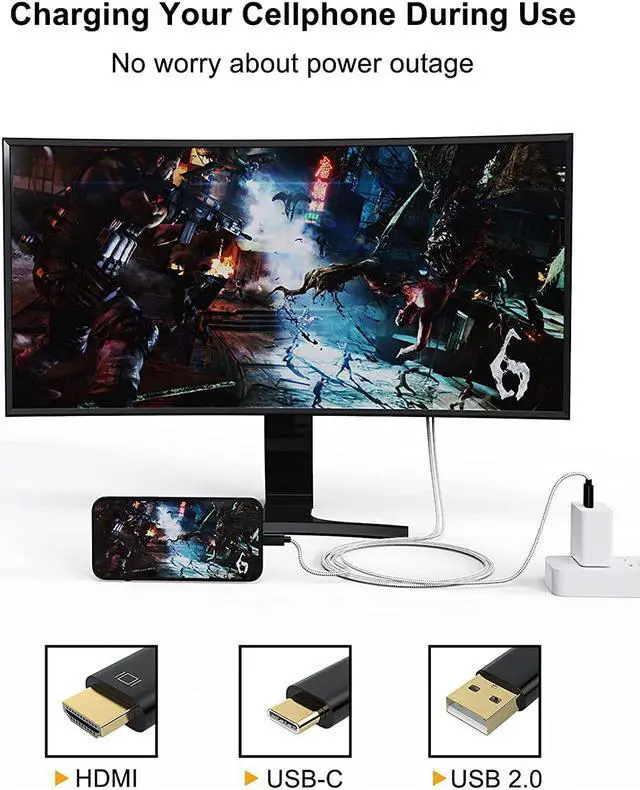 Alt view image 2 of 7 - USB C to HDMI Cable with USB Charge 6FT, CableCreation Type C to HDMI Cord Compatible with MacBook/Pro/Air, Galaxy S20/ S10, LG G5/ Q8/ V20, OnePlus 7(Pro)/ 7T (Pro), HDMI to USB C