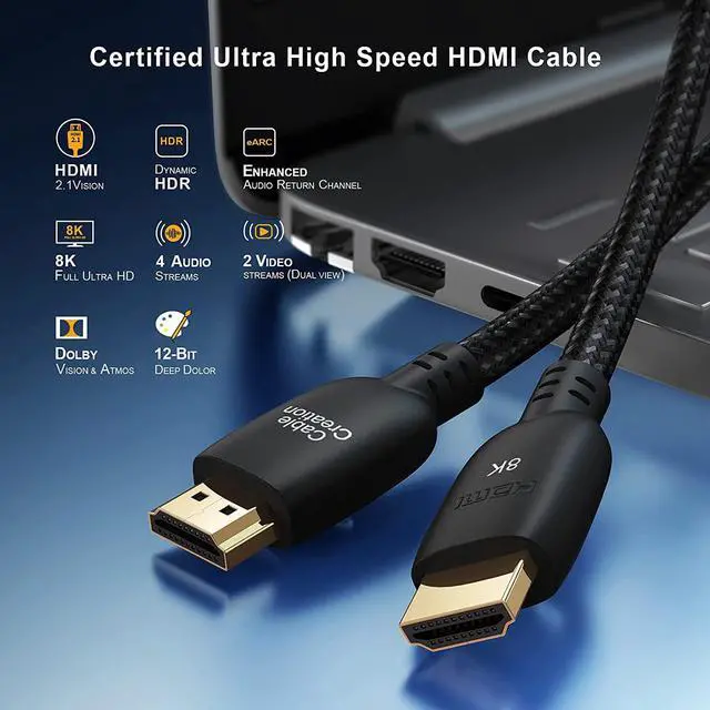 Alt view image 4 of 7 - CableCreation 8K Certified Ultra High Speed HDMI Cable 3.3ft, 48Gbps 8K 60 4K 120 144Hz eARC HDR HDCP 2.2 2.3 Compatible with MacBook Pro 2021, PS5 PS4 Xbox Series X Roku TV 4K LG Samsung TV RTX 3080