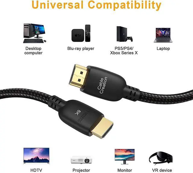 Alt view image 7 of 7 - CableCreation 8K Certified Ultra High Speed HDMI Cable 3.3ft, 48Gbps 8K 60 4K 120 144Hz eARC HDR HDCP 2.2 2.3 Compatible with MacBook Pro 2021, PS5 PS4 Xbox Series X Roku TV 4K LG Samsung TV RTX 3080