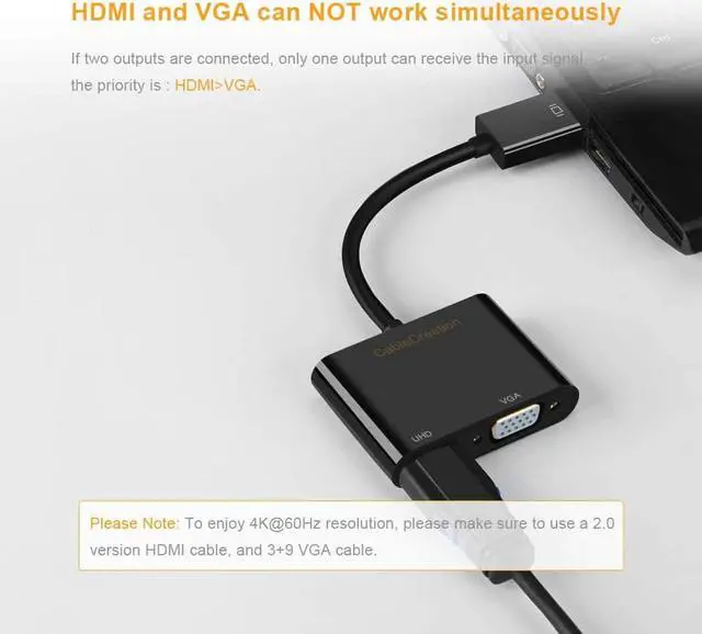 Alt view image 4 of 7 - Active DisplayPort to HDMI VGA Adapter, CableCreation 2 in 1 DP Hub DP to HDMI VGA Converter, HDMI 2.0 Support UHD 4K@60Hz Video/ Audio, Black