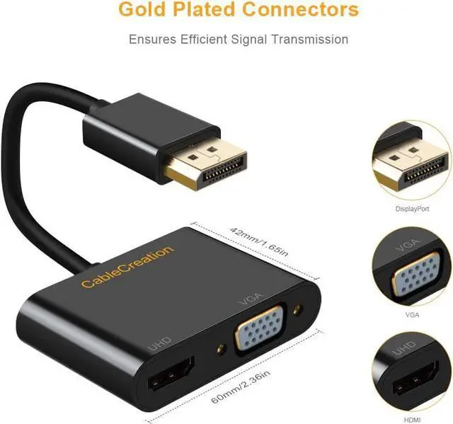Alt view image 2 of 7 - Active DisplayPort to HDMI VGA Adapter, CableCreation 2 in 1 DP Hub DP to HDMI VGA Converter, HDMI 2.0 Support UHD 4K@60Hz Video/ Audio, Black