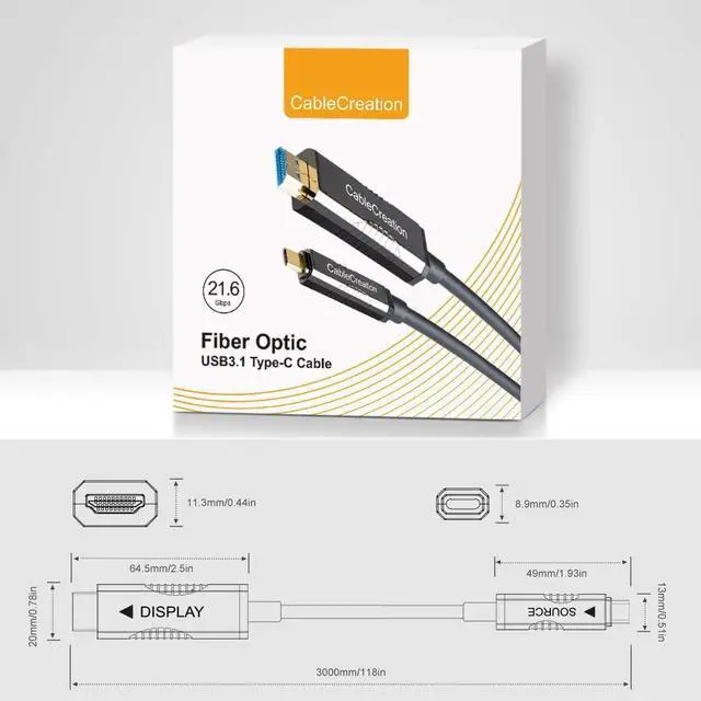 Alt view image 7 of 7 - CableCreation USB 3.1 Type C to HDMI 49ft /16M Fiber Optic Cable 18G Ultra Speed, Supports 4K 60hz(Dolby Vision, E-ARC, HDCP, 3D) Thunderbolt 3, Compatible with Macbook Pro 2019, XPS13 / 15,Surface Go