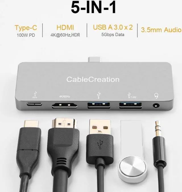 Alt view image 7 of 7 - CableCreation 3.5mm Aux Cable for Car 1.5ft Bundle with 5 in 1 USB C Hub for iPad Pro 2020/2018 with 4K@60Hz HDMI HDR, 2 USB 3.0, 3.5mm Audio and 100W PD, Aluminum