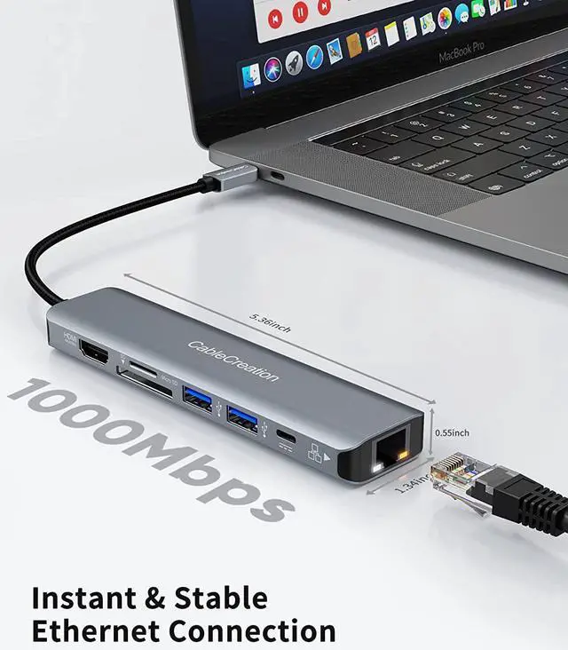 Alt view image 4 of 7 - USB C Hub 4K 60Hz, CableCreation 7-in-1 USB-C Hub Multiport Adapter with HDMI, 1000M Ethernet, 2 USB 3.0 Ports, 100W PD and SD/TF Cards Reader, for MacBook Pro/Air 2020/2019, iPad Pro, XPS