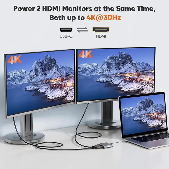 Alt view image 3 of 6 - USB C to Dual HDMI 4K, CableCreation USB Type C (Compatible Thunderbolt 3) to 2 HDMI Adapter, Compatible with MacBook Pro 2019/2018/2017,XPS 13/Surface Book 2,Chromebook Pixel, Yoga 710, Aluminum Gray