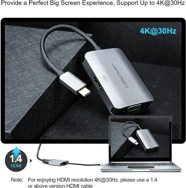Alt view image 4 of 6 - USB C to VGA HDMI Adapter, CableCreation 2 in 1 USB C to HDMI VGA Converter, Compatible with MacBook Pro 2020, MacBook Air 2020, Surface Book 2, XPS 13, ChromeBook Pixel, Galaxy S20, S10