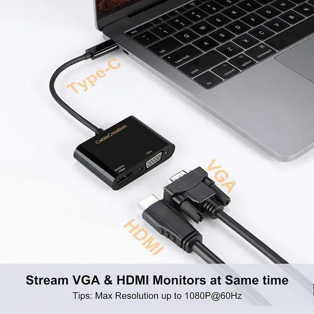 Alt view image 5 of 7 - USB C to HDMI VGA Adapter, CableCreation USB Type C to HDMI (4K 60Hz) VGA (1080P 60Hz) Converter, Compatible with MacBook Pro 2020, iPad Pro 2020, Dell XPS 13/15, Surface Go, Chromebook, Galaxy S20