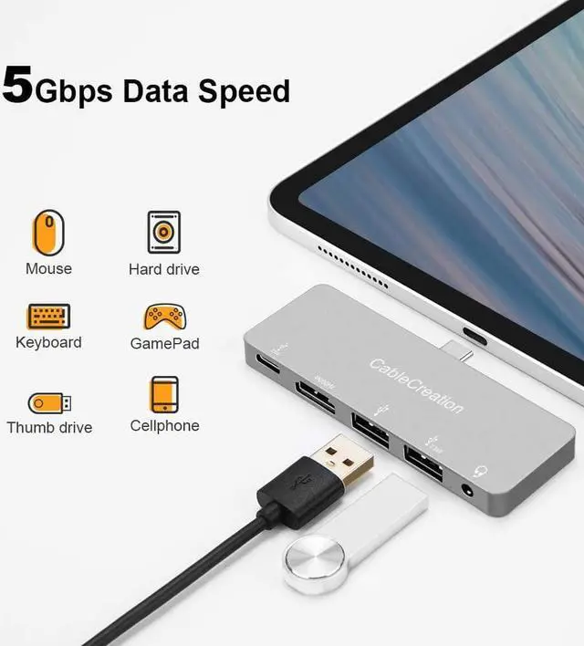 Alt view image 5 of 7 - USB C Hub Adapter for iPad Pro, CableCreation 5 in 1 USB-C Hub with 4K 60Hz HDMI HDR, 2 USB 3.0, 3.5mm Audio and 100W PD, Aluminum USB-C Dock Adapter for New iPad Pro, iPad Air, MacBook Pro and More