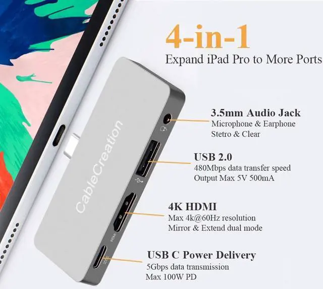 Alt view image 2 of 7 - USB C Hub Adapter for iPad Air 2020, CableCreation Aluminum 4 in 1 USB-C Hub with 4K 60Hz HDMI HDR, USB 2.0, 3.5mm Audio and 100W PD, Compatible for iPad Pro 2020, MacBook Pro/Air, Dell XPS 13, 15
