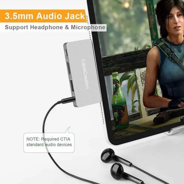 Alt view image 5 of 7 - USB C Hub Adapter for iPad Air 2020, CableCreation Aluminum 4 in 1 USB-C Hub with 4K 60Hz HDMI HDR, USB 2.0, 3.5mm Audio and 100W PD, Compatible for iPad Pro 2020, MacBook Pro/Air, Dell XPS 13, 15