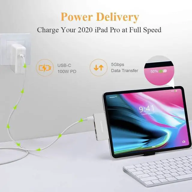 Alt view image 4 of 7 - USB C Hub Adapter for iPad Air 2020, CableCreation Aluminum 4 in 1 USB-C Hub with 4K 60Hz HDMI HDR, USB 2.0, 3.5mm Audio and 100W PD, Compatible for iPad Pro 2020, MacBook Pro/Air, Dell XPS 13, 15