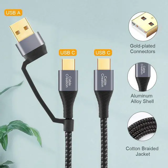 Alt view image 2 of 7 - CableCreation 2 in 1 USB C Cable 4FT Braided USB2.0 C to C Cable 60W USB-A/C to C 3A Fast Charging Cable Data 480Mbps for MacBook iPad Mini iPad Pro Z Flip S21 S20 and Other USB C Devices Black 1.2m