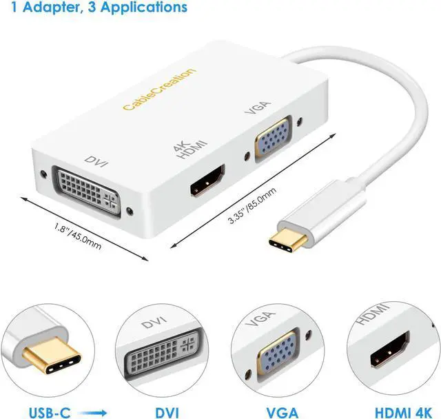 Alt view image 2 of 5 - 3 in 1 USB C to VGA HDMI DVI Adapter, CableCreation USB Type C to HDMI VGA DVI Female Converter, Compatible with MacBook Pro 2020, Surface Book 2, ChromeBook Pixel, Mac Mini 2018, XPS 15, White