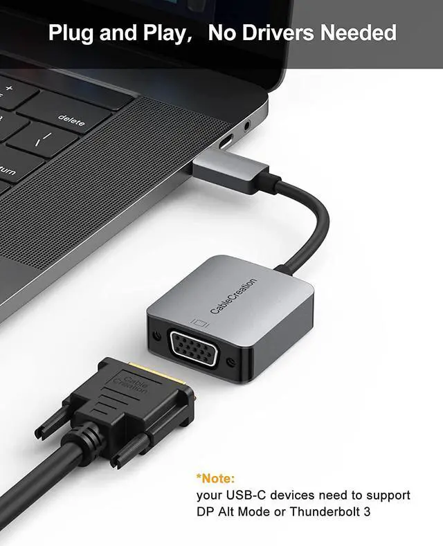 Alt view image 3 of 7 - USB C to VGA Adapter, CableCreation Type C to VGA 1080P@60Hz Dongle, Compatible with MacBook Pro 2020, iPad Pro 2020, Surface Book 2, Chromebook Pixel, XPS 15, Calaxy S20 S10, LG G5 Aluminum
