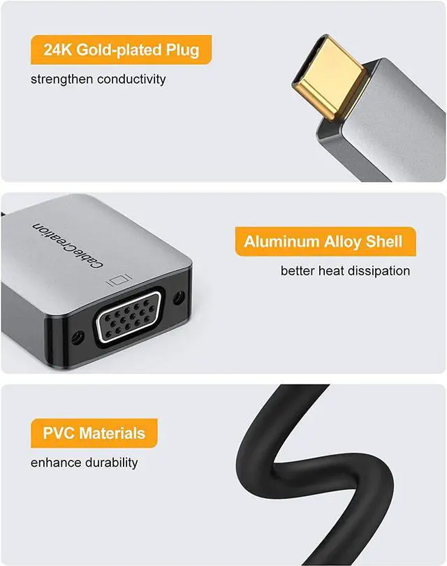 Alt view image 2 of 7 - USB C to VGA Adapter, CableCreation Type C to VGA 1080P@60Hz Dongle, Compatible with MacBook Pro 2020, iPad Pro 2020, Surface Book 2, Chromebook Pixel, XPS 15, Calaxy S20 S10, LG G5 Aluminum