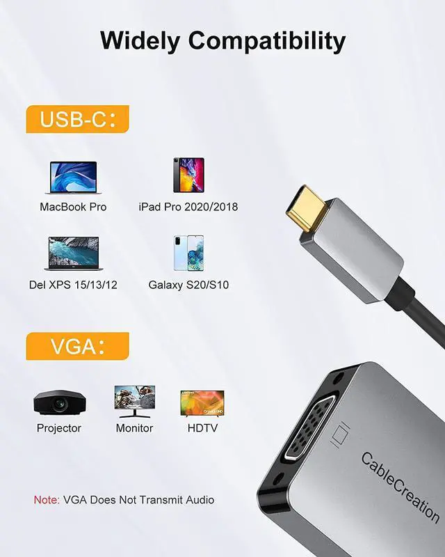 Alt view image 7 of 7 - USB C to VGA Adapter, CableCreation Type C to VGA 1080P@60Hz Dongle, Compatible with MacBook Pro 2020, iPad Pro 2020, Surface Book 2, Chromebook Pixel, XPS 15, Calaxy S20 S10, LG G5 Aluminum