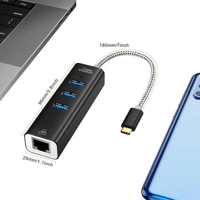 Alt view image 7 of 7 - CableCreation USB C to Ethernet Adapter, USB-C Hub with RJ45 Gigabit Port 1000 Mbps, 3 USB 3.0 Ports, Compatible with MacBook Pro/Air, iPad Pro, Surface Book 2, XPS, Galaxy S10 S9, Slim Aluminum Case