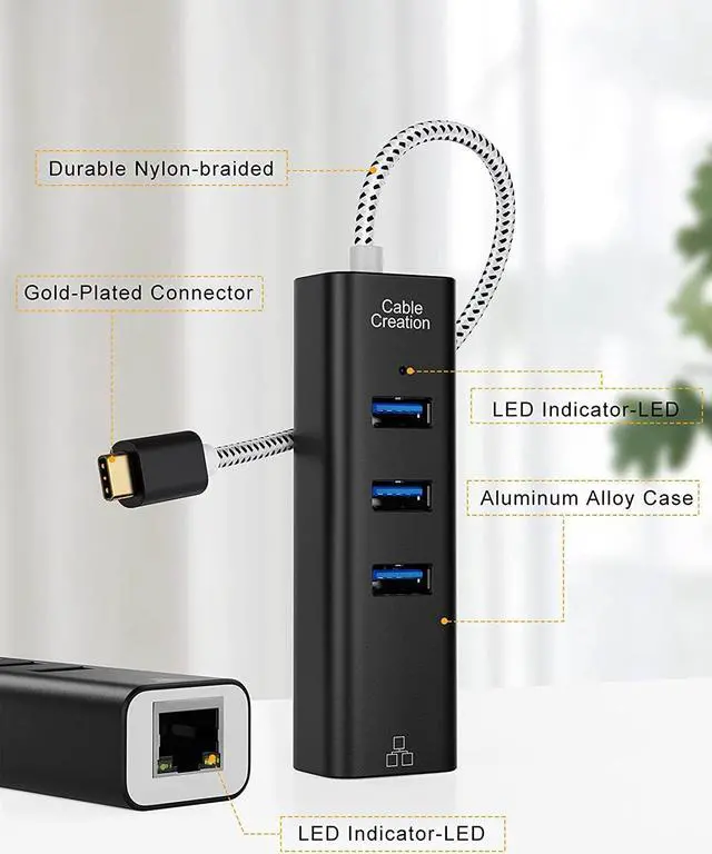 Alt view image 2 of 7 - CableCreation USB C to Ethernet Adapter, USB-C Hub with RJ45 Gigabit Port 1000 Mbps, 3 USB 3.0 Ports, Compatible with MacBook Pro/Air, iPad Pro, Surface Book 2, XPS, Galaxy S10 S9, Slim Aluminum Case