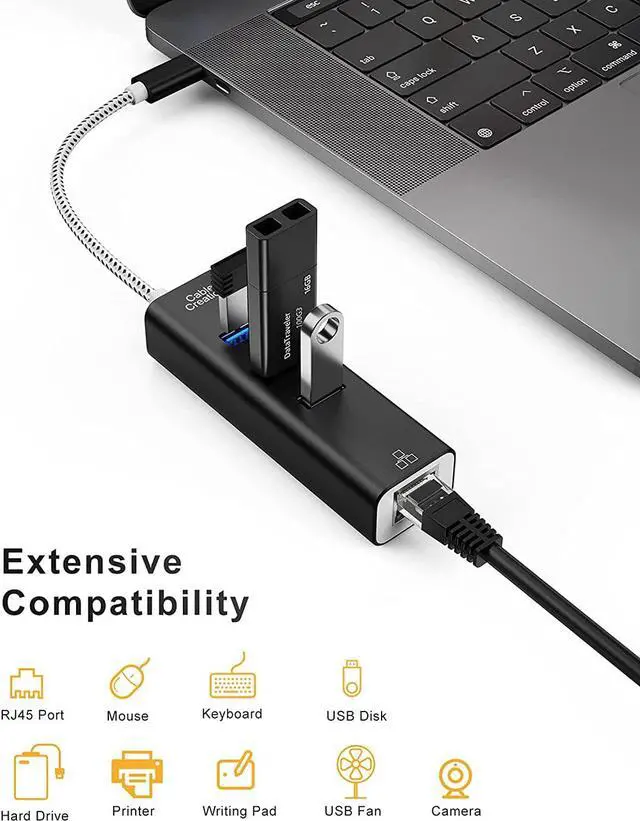 Alt view image 3 of 7 - CableCreation USB C to Ethernet Adapter, USB-C Hub with RJ45 Gigabit Port 1000 Mbps, 3 USB 3.0 Ports, Compatible with MacBook Pro/Air, iPad Pro, Surface Book 2, XPS, Galaxy S10 S9, Slim Aluminum Case