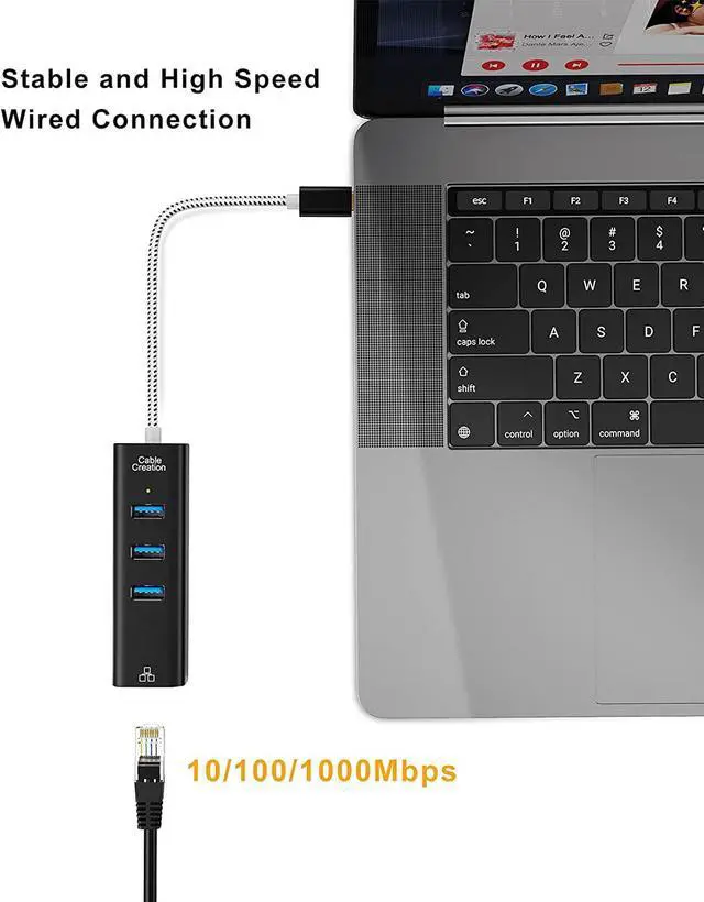 Alt view image 4 of 7 - CableCreation USB C to Ethernet Adapter, USB-C Hub with RJ45 Gigabit Port 1000 Mbps, 3 USB 3.0 Ports, Compatible with MacBook Pro/Air, iPad Pro, Surface Book 2, XPS, Galaxy S10 S9, Slim Aluminum Case