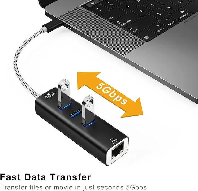 Alt view image 5 of 7 - CableCreation USB C to Ethernet Adapter, USB-C Hub with RJ45 Gigabit Port 1000 Mbps, 3 USB 3.0 Ports, Compatible with MacBook Pro/Air, iPad Pro, Surface Book 2, XPS, Galaxy S10 S9, Slim Aluminum Case