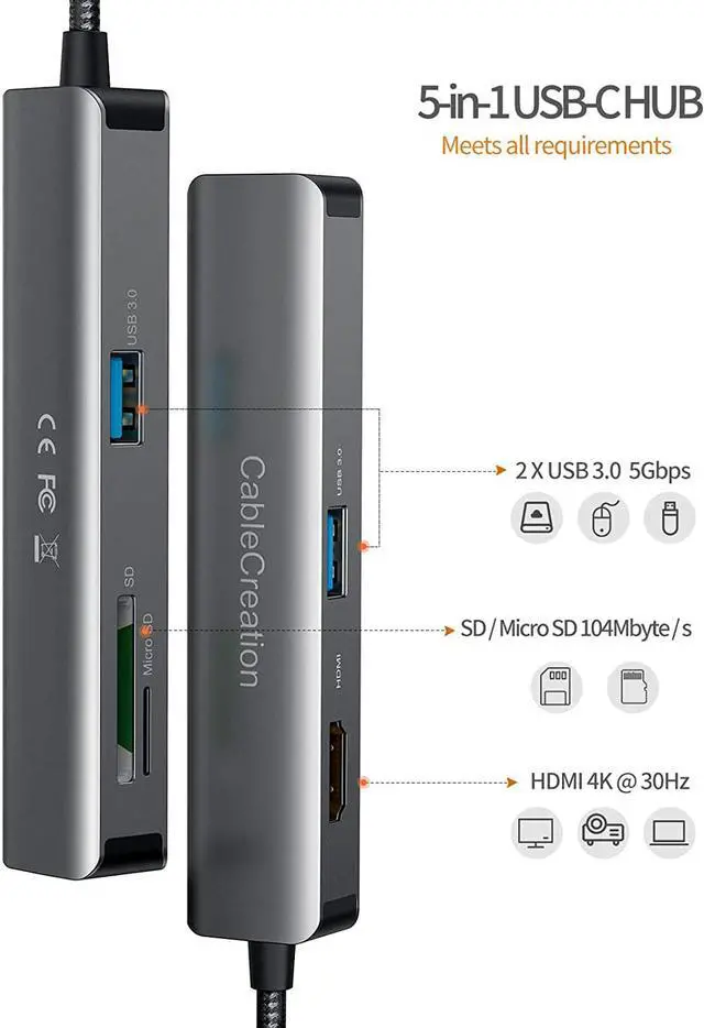 Alt view image 2 of 7 - USB C Hub, CableCreation USB-C Hub Multiport Adapter 5-in-1 (Thunderbolt 3) with HDMI 4K, 2 USB 3.0, SD / Micro SD Card Reader for MacBook Pro / Air, iPad Pro, Surface Book 2, XPS, Pixelbook, Aluminum