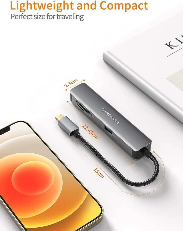 Alt view image 7 of 7 - USB C Hub, CableCreation USB-C Hub Multiport Adapter 5-in-1 (Thunderbolt 3) with HDMI 4K, 2 USB 3.0, SD / Micro SD Card Reader for MacBook Pro / Air, iPad Pro, Surface Book 2, XPS, Pixelbook, Aluminum