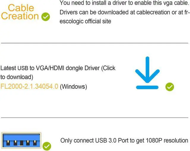 Alt view image 3 of 7 - CableCreation USB 3.0 to VGA Cable 6 Feet, USB to VGA 15 Pin Adapter Cord 1080 P @ 60Hz, Monitor Display Video Converter ONLY Supports Windows 10/8.1/8/7, Black