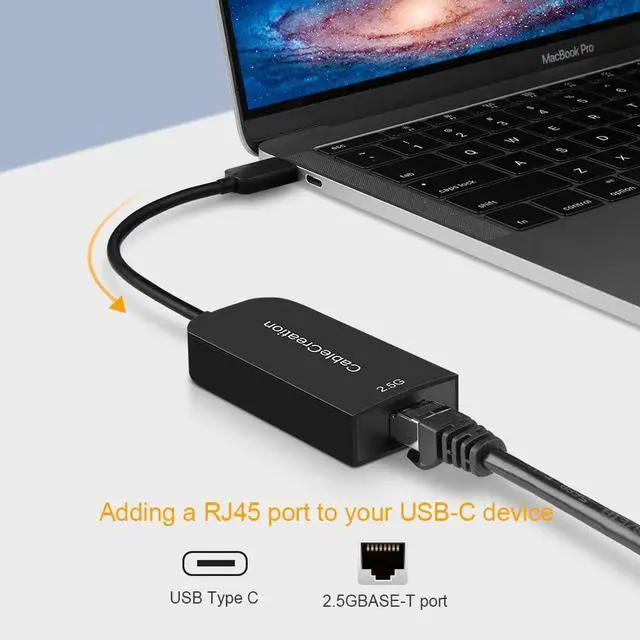 Alt view image 2 of 5 - CableCreation USB C 3.1 to RJ45 2.5 Gigabit LAN Ethernet Cable Adapter, Compatible with MacBook, Chromebook, Windows 10, 8, Mac OS, Black