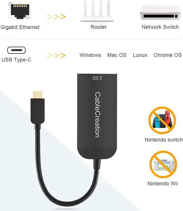 Alt view image 4 of 5 - CableCreation USB C 3.1 to RJ45 2.5 Gigabit LAN Ethernet Cable Adapter, Compatible with MacBook, Chromebook, Windows 10, 8, Mac OS, Black