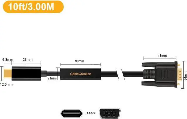 Alt view image 7 of 7 - USB C to VGA Cable 10FT, CableCreation USB Type C to VGA Cord 1080P@60Hz, Compatible with MacBook Pro 2020 2019, iPad Pro 2020 2018, Surface Book 2, XPS 15 13, Yoga 920 910, Galaxy S20 S10, Black