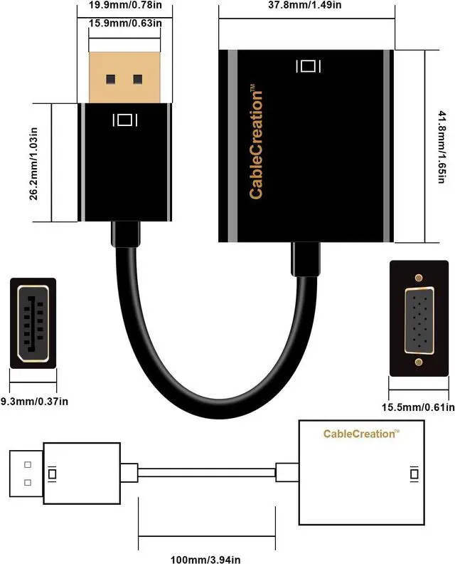 Alt view image 7 of 7 - CableCreation DisplayPort to VGA Adapter, Gold Plated DP to VGA Male to Female Adapter, Compatible with Computer, Desktop, Laptop, PC, Monitor, Projector, HDTV, Black