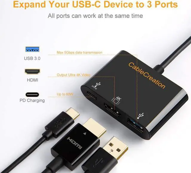 Alt view image 2 of 7 - USB C to 4K HDMI Hub, CableCreation 3-in-1 USB-C Hub with HDMI, USB 3.0 and 60W PD Charging [Thunderbolt 3 Compatible] for MacBook Pro 2017/2018/2019, Dell XPS 13/15, Galaxy Note 10, Surface Book 2