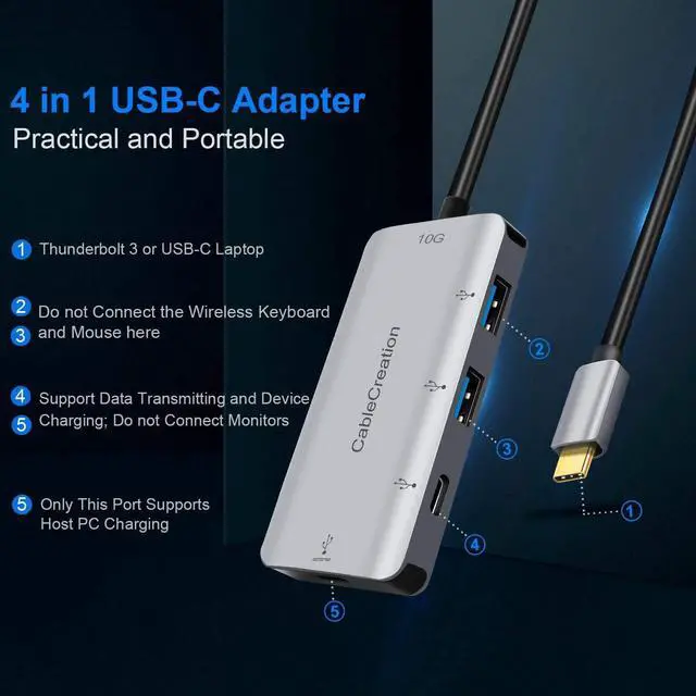 Alt view image 2 of 6 - USB C Hub, CableCreation 4-in-1 USB-C Hub with USB 3.0 Ports, USB C 3.1 Port, up to 100W Charging Adapter Compatible for MacBook, MacBook Pro/Air, ChromeBook, XPS and More, Aluminum Thunderbolt 3 Hub