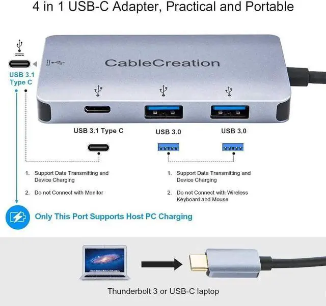 Alt view image 2 of 6 - USB C Hub,CableCreation Type C Multiport Adpater (Thunderbolt 3 Compatible), USB-C to 2 USB 3.0 + 2 USB C Female Charger Adapter, Compatible with MacBook Pro 2017, Surface Book 2 and More, Space Grey