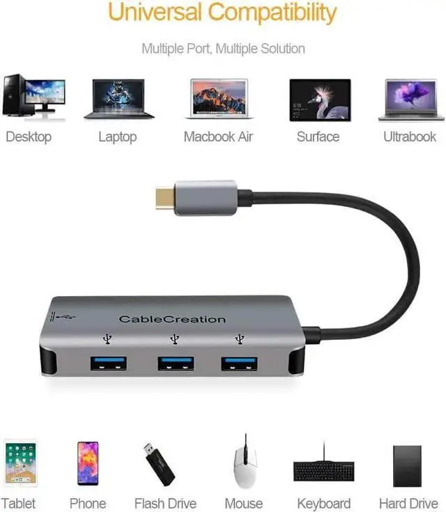 Alt view image 6 of 7 - CableCreation USB C Data hub, USB Type C to 3 USB 3.0 Aluminum Adapter with PD Charging, Compatible with MacBook Pro 2019,iPad Pro 2018, Chromebook Pixel, XPS 13/15, Yoga 910, Galaxy S10 /S10+