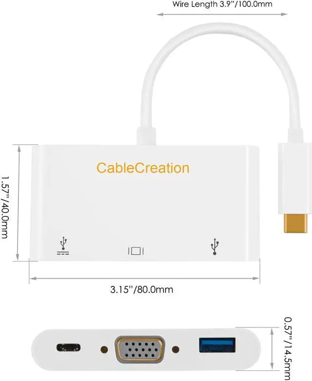 Alt view image 2 of 7 - USB C to VGA Hub, CableCreation 3 in 1 Type C(Thunderbolt 3) to VGA, USB 3.0, USB C PD Converter, Compatible with MacBook Pro 2019, iPad Pro 2019, Surface Go, XPS, Galaxy S20, Hard Drive