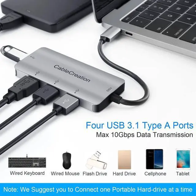 Alt view image 3 of 6 - CableCreation USB Type C to 4 USB 3.0 Port Hub Adapter (Compatible Thunderbolt 3),Compatible with MacBook Pro, MacBook Air 2018,Chromebook Pixel, XPS 13/15,Yoga 910/920,Galaxy S9/S8,Space Grey