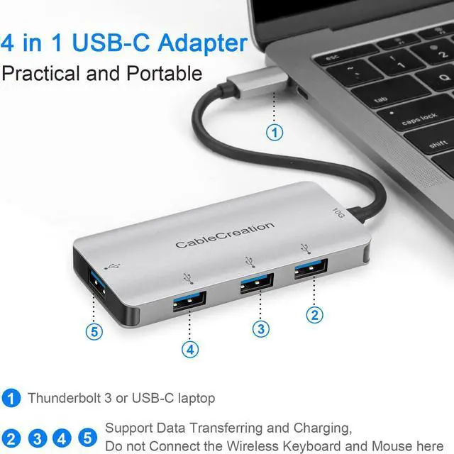 Alt view image 2 of 6 - CableCreation USB Type C to 4 USB 3.0 Port Hub Adapter (Compatible Thunderbolt 3),Compatible with MacBook Pro, MacBook Air 2018,Chromebook Pixel, XPS 13/15,Yoga 910/920,Galaxy S9/S8,Space Grey